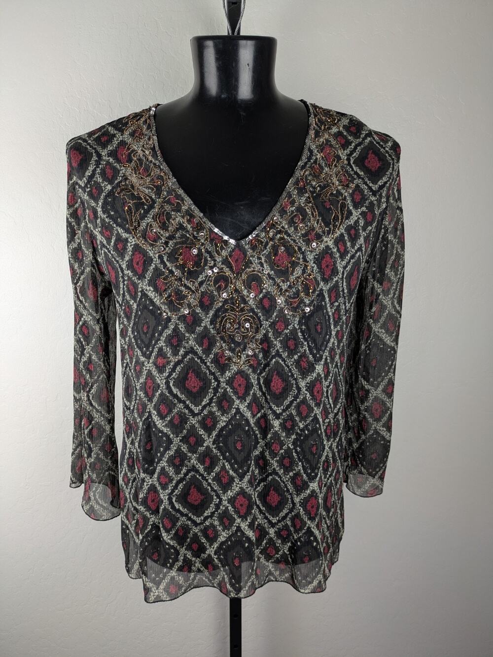 Chico's size 3 US XL Silk Long Sleeve Sheer Blouse Sequin black burgundy ivory